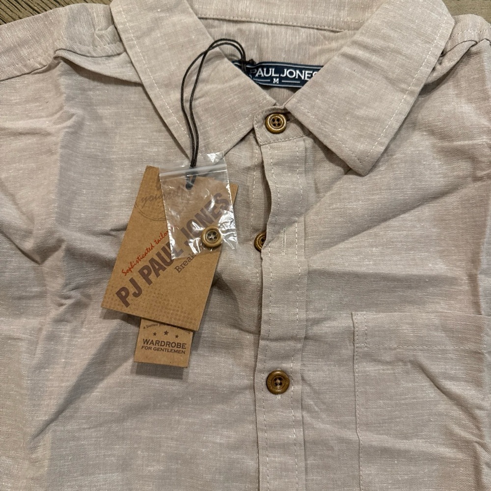 P J PAUL JONES Beige Cotten Linen Short Sleeve Shirt Size Medium - Picture 2 of 3